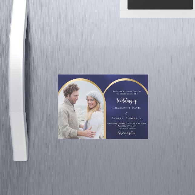 Convite Magnético Marinho do casamento da foto dourada azul (Criador carregado)