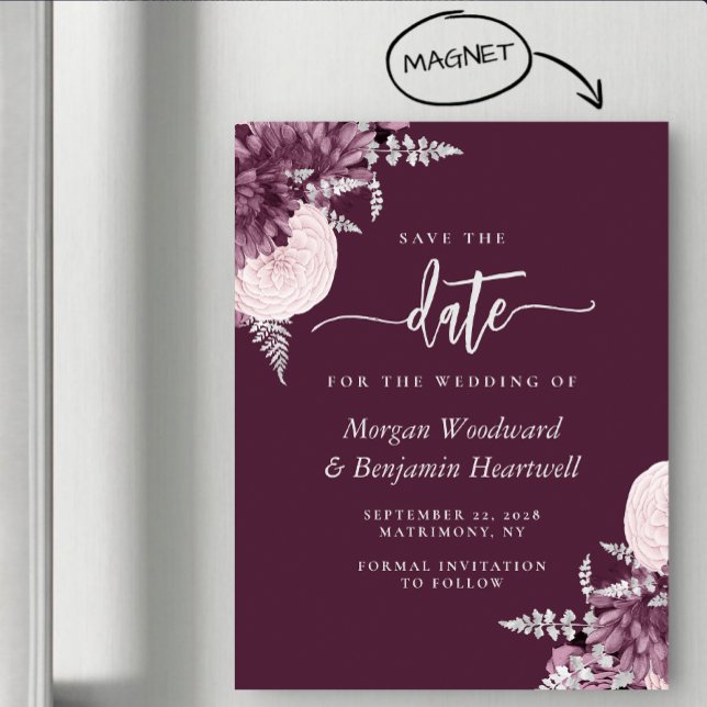 Convite Magnético Mauve Silver Floral Wedding Save the Date (Criador carregado)