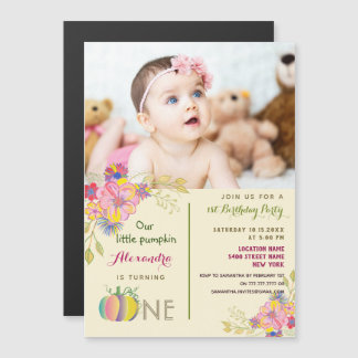 Convite Magnético Menina de 1º Aniversário Abóbora Rosa Floral Foto
