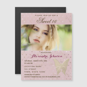 Convite Magnético Menina de Sweet 16 Foto Borboleta Rosa e Dourada
