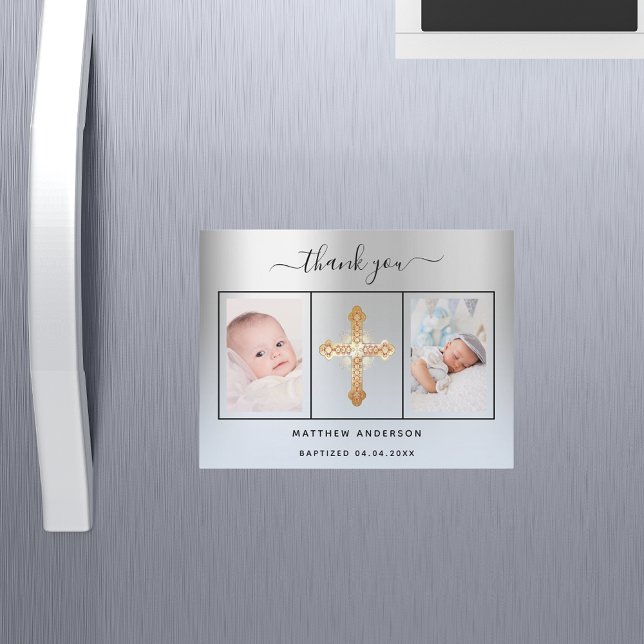 Convite Magnético Menino Batismo obrigado azul-prateado, seu íman (Criador carregado)