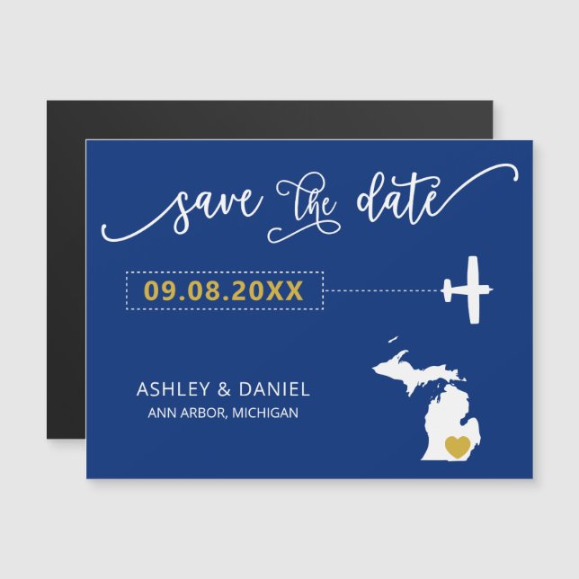 Convite Magnético Michigan Wedding Save the Date Card, Map (Frente/Verso)