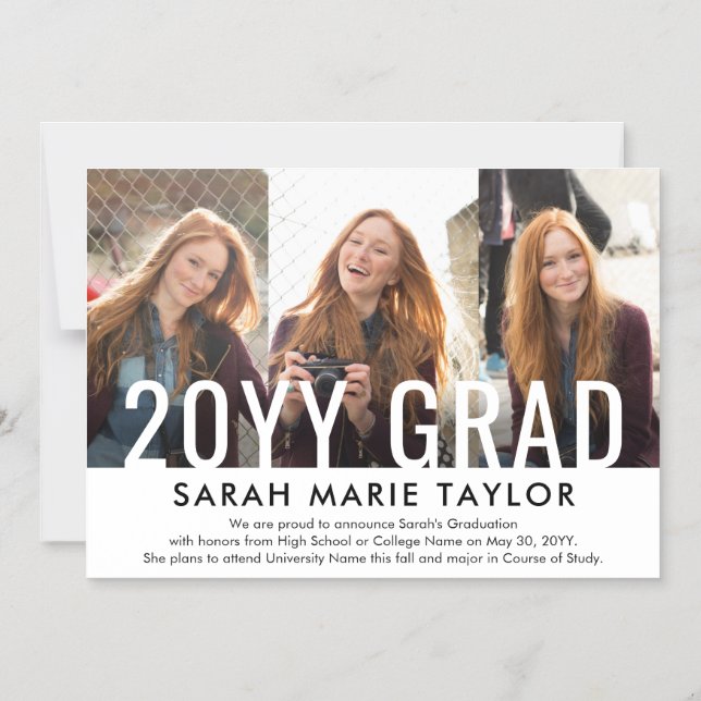 Convite Magnético Minimal 3 Photo Magnetic Graduation Announcement (Frente)