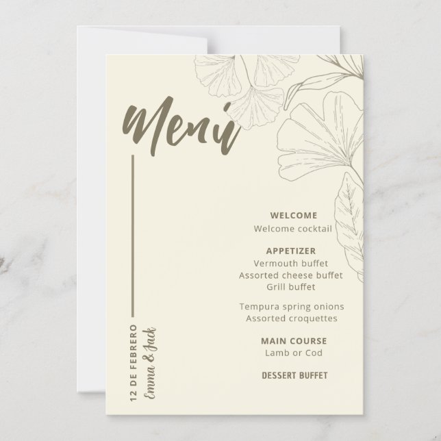 Convite Magnético Minimalist Botanical Wedding Menu Card (Frente)