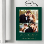 Convite Magnético Mínimo de 3 fotos Emerald Green Dourado Salve a da<br><div class="desc">Este simples e minimalista cartão magnético Save the Date apresenta uma colagem de uma foto horizontal e duas fotos quadradas menores acima das palavras "Save the Date" em elegante guiamento dourado,  seguido pelos nomes dos casais,  data do casamento e cidade em sans serif em um fundo verde esmeralda.</div>