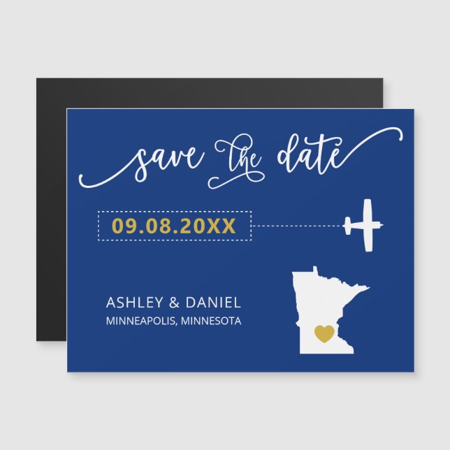 Convite Magnético Minnesota Wedding Save the Date Card, Map (Frente/Verso)