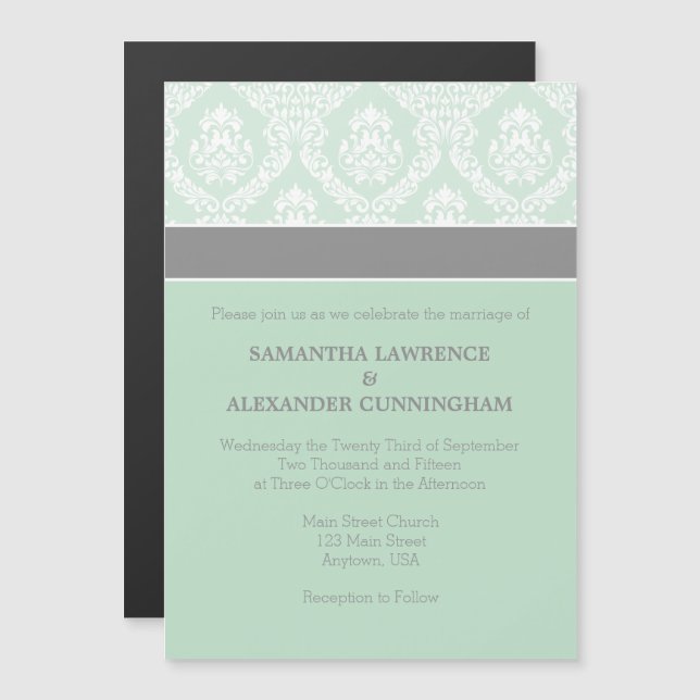 Convite Magnético Mint Green Cinza Damask Magnetic Weditation (Frente/Verso)