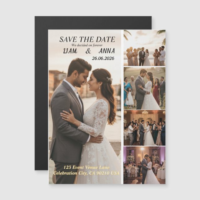 Convite Magnético Modern 5 Photo Wedding Save the Date Card (Frente/Verso)
