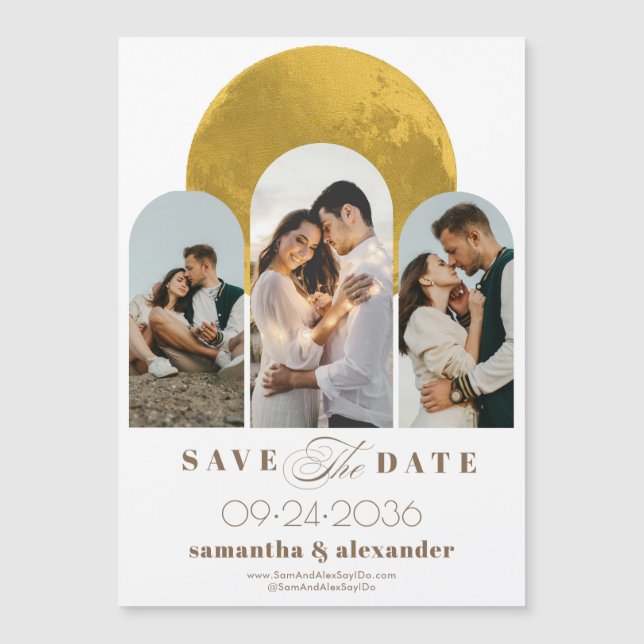 Convite Magnético Modern Arch Celestial Moon 3 Foto Salva A Data (Frente)