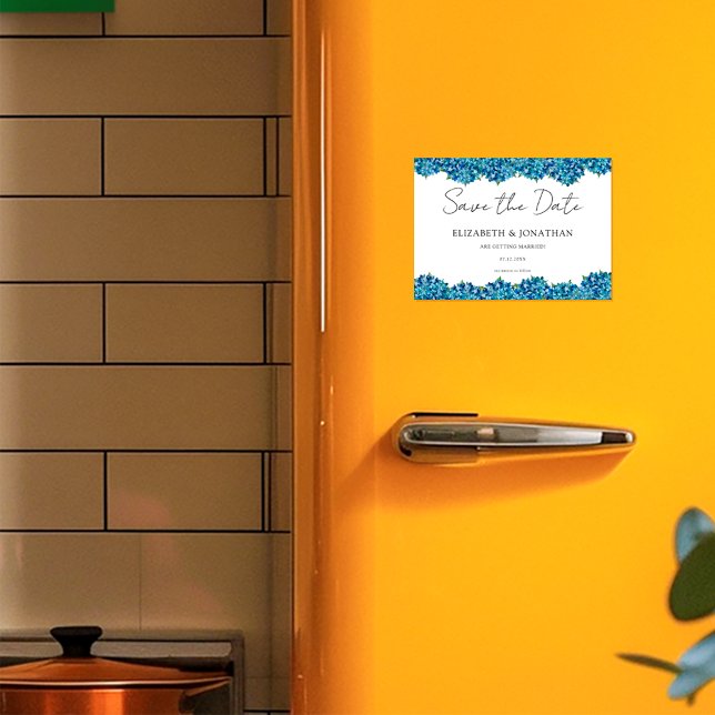 Convite Magnético Modern Blue Hydrangeas Navy Blue Striped Wedding (Criador carregado)