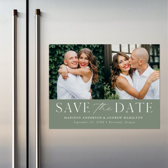 Convite Magnético Modern Elegant Sage Green 2 Foto para salvar a dat (Criador carregado)