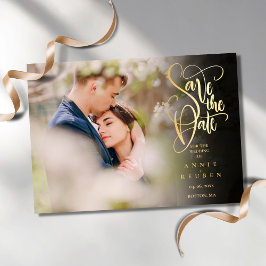 Convite Magnético Modern Save the Date Elegant Dourado Script Photo