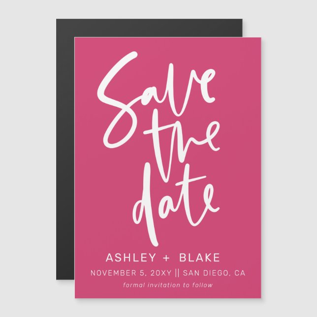 Convite Magnético Moderno manuscrito da Fuchsia Salvar a Data (Frente/Verso)