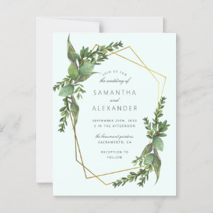 Convite Magnético Na moda Greenery Mint e Dourado Casamento Geométri
