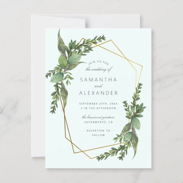 Convite Magnético Na moda Greenery Mint e Dourado Casamento Geométri (Frente)