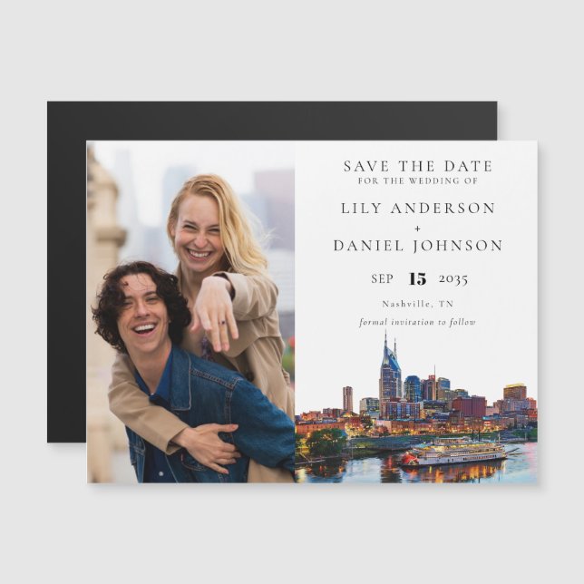 Convite Magnético Nashville Riverfront Photo Wedding Save The Date (Frente/Verso)