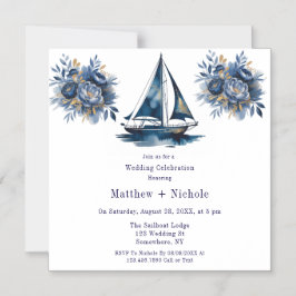 Convite Magnético Navy Blue and Gold Sailboat Nautical Wedding