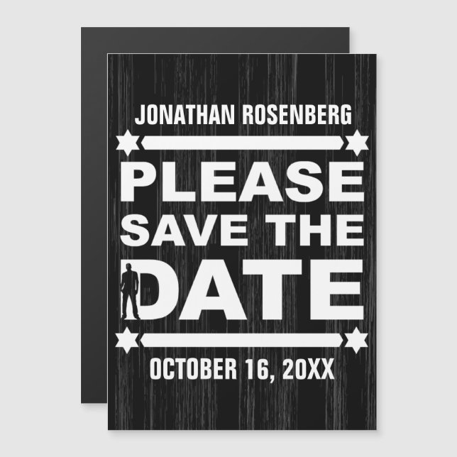 Convite Magnético Negrito Bar Mitzvah Salve a Data Preto (Frente/Verso)