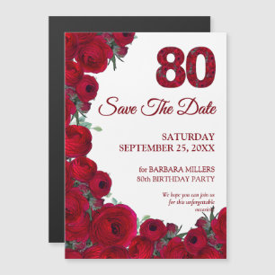 Convite Magnético Negrito Floral Vermelho Salve a Data de 80º Aniver