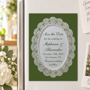 Convite Magnético Noiva de renda verde oliva vintage Save the Date
