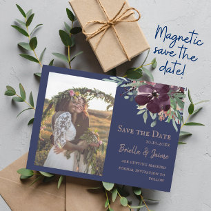 Convite Magnético Noiva Floral de Plum Navy Blush Foto de Casamento