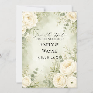 Convite Magnético Noivado Floral Marfim Verde Salvia Save the Date