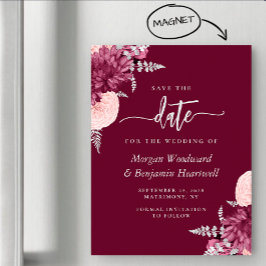 Convite Magnético Noivado Floral Prateado Tom Burgundy Save the Date