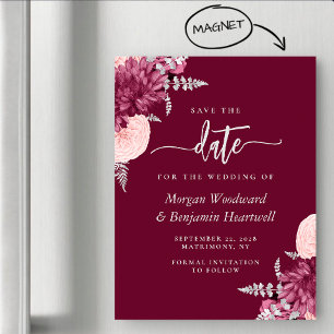 Convite Magnético Noivado Floral Prateado Tom Burgundy Save the Date