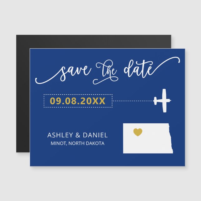 Convite Magnético North Dakota Wedding Save the Date Card, Mapa (Frente/Verso)