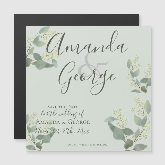 Convite Magnético O Elegante Script Eucalyptus Deixa A Data (Frente/Verso)