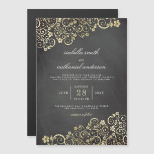 Convite Magnético Ornamento Dourado no quadro negro  Casamento Moder