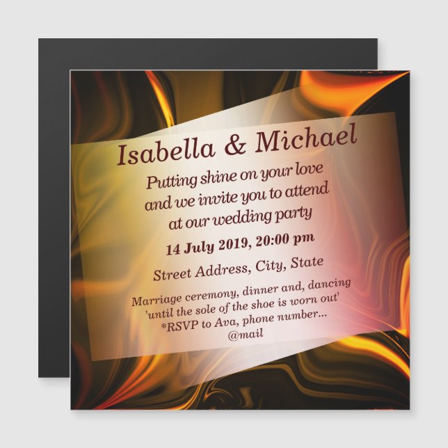 Convite Magnético Ouro avermelhado e curvas escuras ou laranja esmal (Frente/Verso)