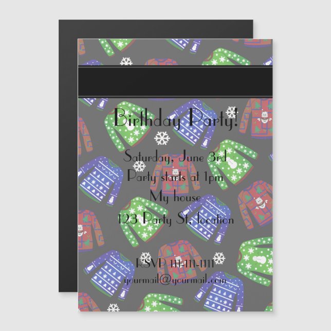 Convite Magnético Padrão de blusa de natal preto e feio (Frente/Verso)