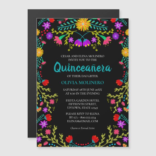 Convite Magnético Partido Mexicano Fiesta Floral Black Quinceanera (Frente/Verso)