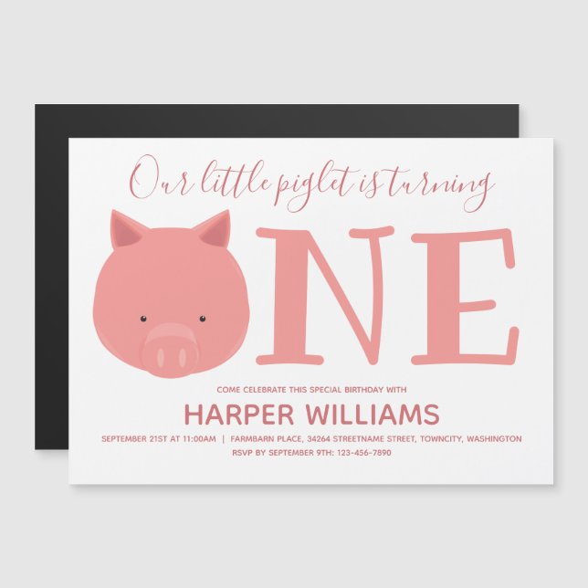 Convite Magnético Pequeno Leitão Virando Um Animal Primeiro Aniversá (Frente/Verso)