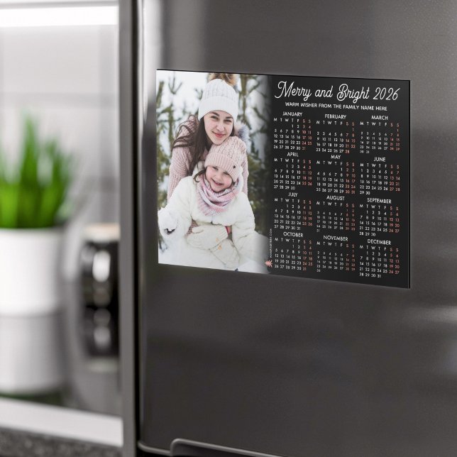 Convite Magnético Photo Black Calendar 2026 Family Magnetic Card (Criador carregado)