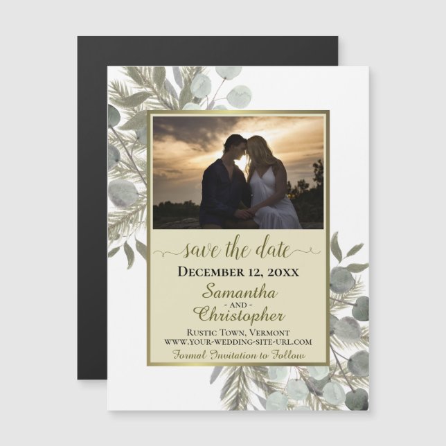 Convite Magnético Pine Eucalyptus Wedding Save the Date Photo Dourad (Frente/Verso)