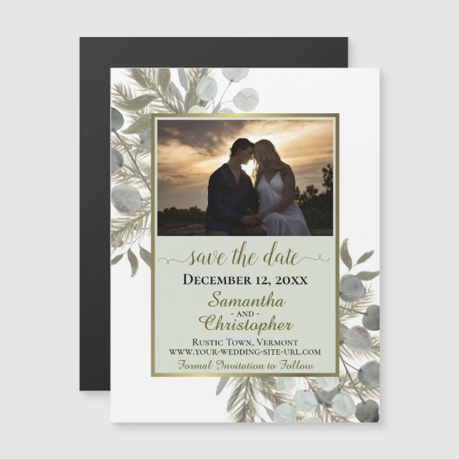 Convite Magnético Pine Eucalyptus Wedding Save the Date Photo Sage (Frente/Verso)