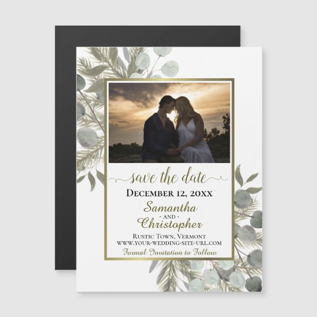 Convite Magnético Pine Eucalyptus Wedding Save the Date Photo White (Frente/Verso)