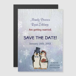 Convite Magnético Pinguin Winter Snowflakes Casamento Salvar Data