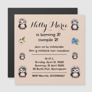 Convite Magnético Pinguins Fofos Nome Texto Bilíngue Espanhol-Inglês