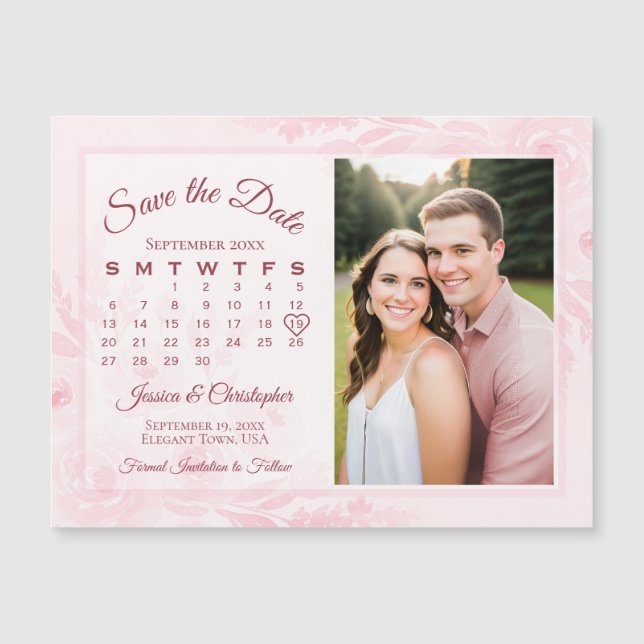 Convite Magnético Pink Peonies Calendar & Photo Save the Date Magnet (Frente)