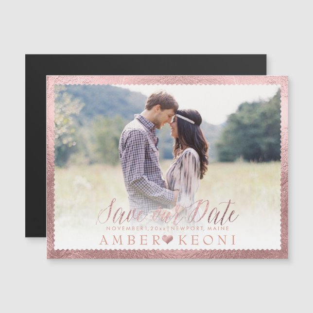 Convite Magnético PixDezines Salve nossa Data/Rosa Faux Dourado (Frente/Verso)