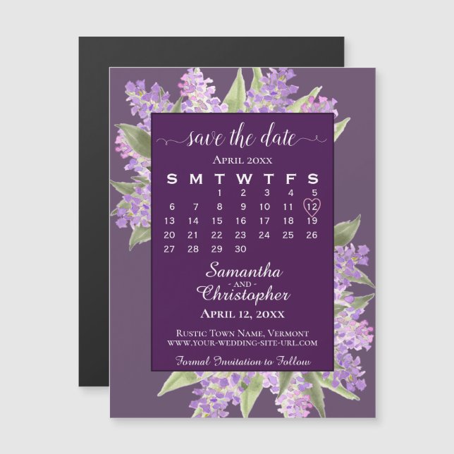 Convite Magnético Plum Purple Lilacs Casamento Salvar o Calendário d (Frente/Verso)