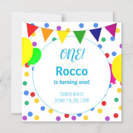 Convite Magnético Pontos Coloridos e Balões Aniversário de 1 ano Cri