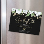 Convite Magnético Preto Dourado Bat Mitzvah Script Floral Salvar Dat<br><div class="desc">Certifique-se de que todos os seus amigos e parentes serão capazes de celebrar o marco da sua filha Bat Mitzvah! Envie este chic, personalizado cartão de anúncio magnético "Salvar a Data" para que ela fique em cima da mente até seu dia especial. Uma aquarela floral chica, atordoante, branca e dourada...</div>
