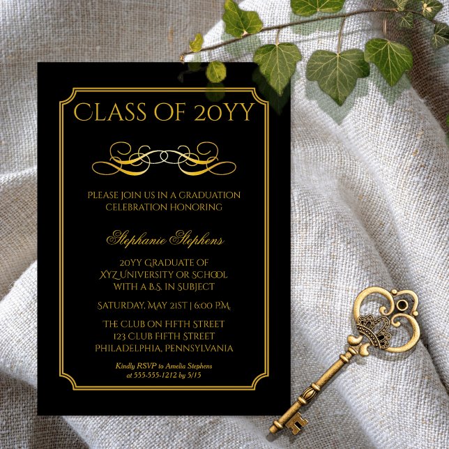 Convite Magnético Preto Elegante | Festa de formatura I da Universid (Elegant Black and Gold Tone College | University Graduation Announcement Party Magnetic Invitation)