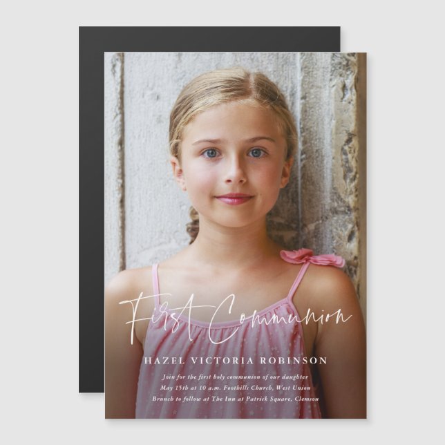 Convite Magnético Primeira Comunhão Religiosa de Script Moderno (Frente/Verso)