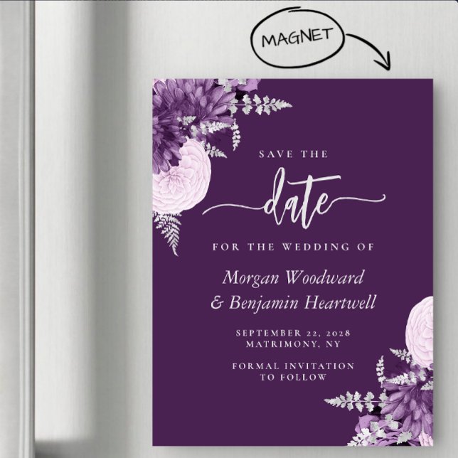 Convite Magnético Purple Lilac Silver Floral Wedding Save the Date (Criador carregado)