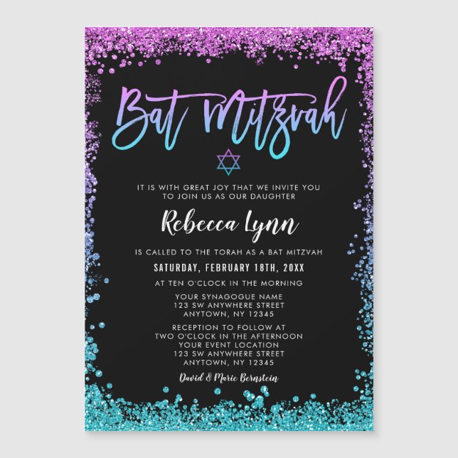 Convite Magnético Purple Teal Faux Glitter Bat Mitzvah (Frente)